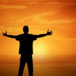 sunset, boy, open arms, gesture, orange sky, silhouette, dusk, man, masculine, pleasure, cheers, nature, happiness, love, lust for life, hug, positive