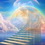 ai generated, stairs, heaven, staircase, sky, clouds, rainbow, nature, holy, hope, meditation, soul, inspiration, healing, spiritual, rise, ascension, energy, paradise