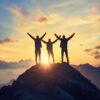 ai generated, mountain, silhouette, victory, success, celebration, mountain top, achievement, freedom, adventure, hiker, hiking, peak, triumph, nature, outdoor, landscape, peak success, summit climb, climbing, exercise