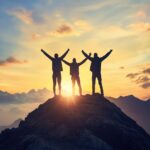 ai generated, mountain, silhouette, victory, success, celebration, mountain top, achievement, freedom, adventure, hiker, hiking, peak, triumph, nature, outdoor, landscape, peak success, summit climb, climbing, exercise