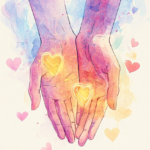 hands, heart, glowing, love, care, compassion, watercolor, colorful, warmth, artistic, abstract, vibrant, design, light, creative, symbol, kindness, giving, emotion, connection, bright, soft, modern, unique, ai generated